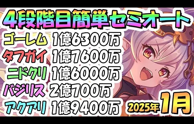 【プリコネR】４段階目簡単セミオート編成とフルオート編成たくさん紹介！２０２５年１月クラバト【グレーターゴーレム】【タフガイスト】【ニードルクリーパー】【バジリスクアロス】【アクアリオス】